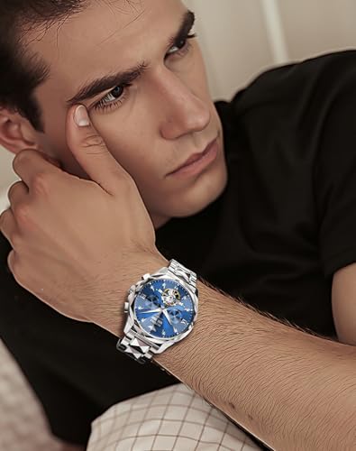Image of OLEVS Men's Watches Automatic Skeleton Self-Winding Original Mechanical Blue Luxury Sapphire Crystal Dress Gifts Wrist Watches