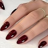 GLAMERMAID Dark Red Press on Nails Medium Almond, Handmade Jelly Soft Gel Deep Red Glue on Nails Stiletto, Burgundy Gothic Fake Nails Set, Reusable Acrylic Stick on False Nails Manicure Kit for Women