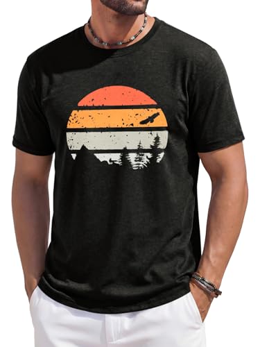 Runcati Mens Short Sleeve T-Shirts Casual Graphic Printed Tee Tops Crewneck Summer Beach Hawaiian Vintage Shirt Black