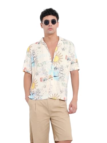Chemise de ville homme col cubain blanc imprimé décontractée XL