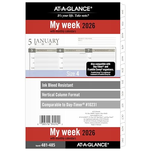 AT-A-GLANCE 2026 Planner Refill Weekly & Monthly 5.5 x 8.5 Desk Size 4 Column Style Loose-Leaf (481-485-26)