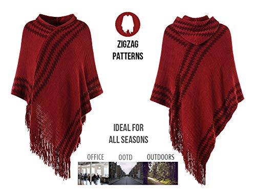 Ferand-Gestreifter-Damen-Poncho-Cape-mit-Zickzackmuster-und-Kapuze-Bequemer-Pullover-mit-Fransen