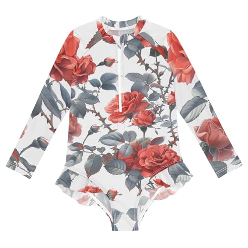Girls One Piece Swimsuits Long Sleeve Swimsuit Zipper Bathing Suits Red Rose Flower Ink Plant