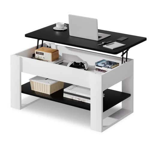 YORBAY Mesa De Centro Ajustable En Altura: Mesa De Salón Moderna Bicolor con Espacio De Almacenamiento Oculto - Mesa Auxiliar Extensible para Salón Dormitorio