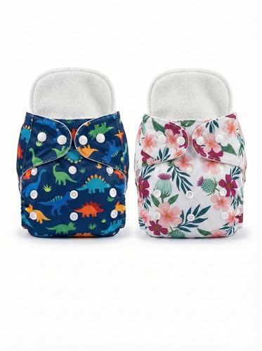 Image of Reusable Cloth Diaper for Babies | Washable Baby Cloth Diaper with Absorbent Insert | Leak Proof Adjustable Free Size Pocket Diaper 3M -3Years | Eco Friendly Reusable Baby Diaper (2, DINO FLORAL, One Size)