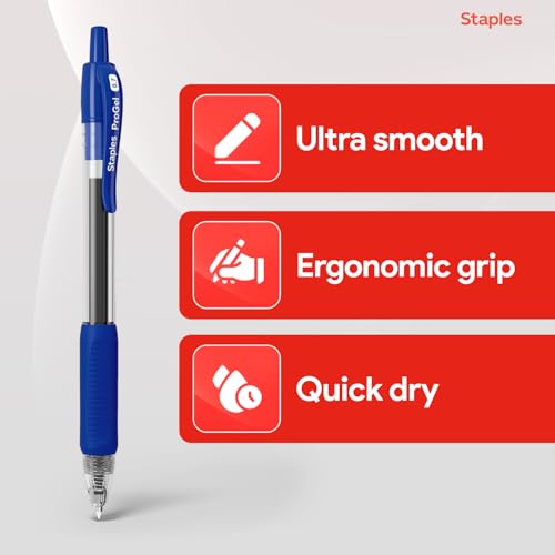 Image of STAPLES Retractable Gel Pens, Fine Point 0.7mm, Blue Ink, 12 Pack - ProGel Smooth‑Writing Pens for Office, School & Home
