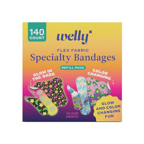 Welly Bandage Assorted Playtime Refill Pack | Adhesive Flexible Fabric Bandages | Glow-in-The-Dark & Color Changing Patterns - 140 Count