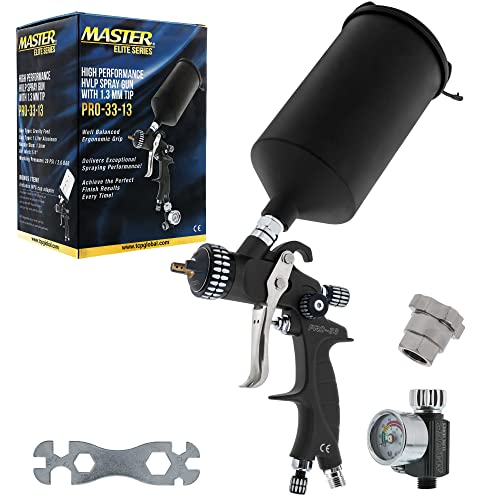 Master Elite High Performance PRO-33 HVLP Paint Sprayer Gun with 1.3mm Tip, 1L Cup, Regulator Gauge, MPS Adapter - Automotive Spray Paint Gun for Automotive Basecoats, Clearcoats & Industrial Coatings