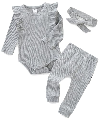 Image of Fullfamous Baby Girl's 3pc Rib Frill Long Sleeve Romper and Pant Set