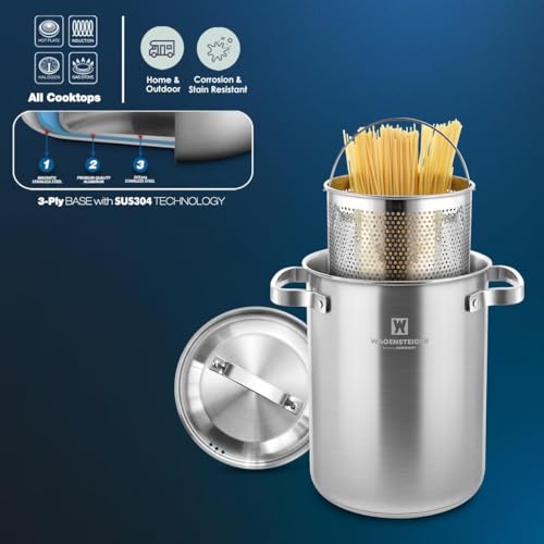 WAGENSTEIGER Premium Stainless Steel Asparagus Steamer Pot or Spaghetti Pasta Stovetop Cooker with Perforated Steamer Basket, Tall & Large Size, Versatile Cookware, 3-Ply Base(4.3Liters/1.14Gals) by WAGENSTEIGER - Image 5