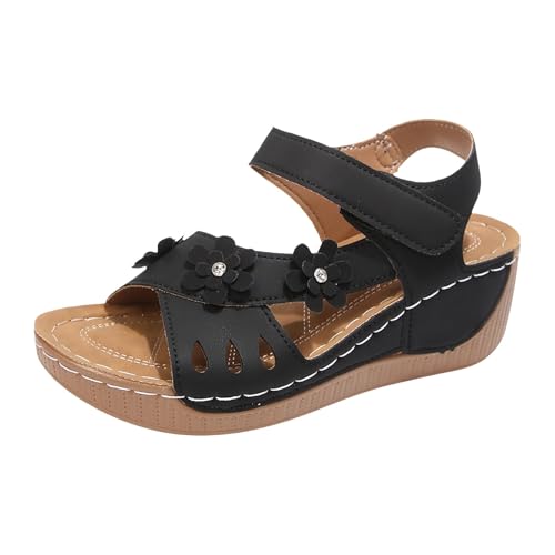 Sandales compensées femme avec fleurs et brides ajourées