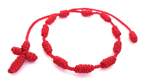 Lucky Charms USA Red String Nylon Cord Rosary Bracelet with Handmade Woven Cross