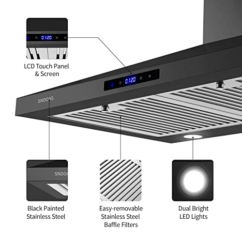 Image of SNDOAS Black Range Hood 30 Inch,Stainless Steel Wall Mounted Kitchen Hood with Touch Controls, Ducted /Ductless Convertible,Chimney-Style Stove Hood Vent for Kitchen,Baffle Filters,Black Painted Finish