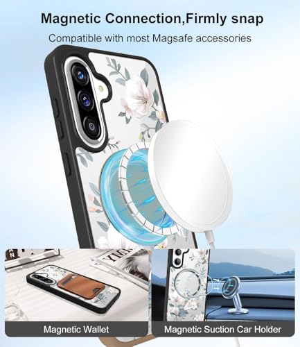 Image of VONZEE Compatible with Samsung Galaxy A36 5G Case Luxury Retro Flowers Floral Clear for Magnetic Wireless Charging Case Shockproof Case PC+TPU Cute Glossy Shiny Cover for Girls Women, Black