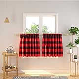 NATUS WEAVER Cafe Curtains 24 inches Long Buffalo Plaid Kitchen Tiers 2 Panels Rod Pocket Gingham Check Short Small Half Window Curtains Bathroom Red & Black