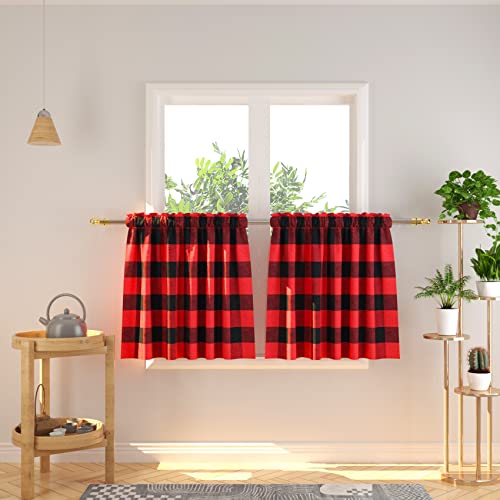 NATUS WEAVER Cafe Curtains 20 inches Long Buffalo Plaid Kitchen Tiers 2 Panels Rod Pocket Gingham Check Short Small Half Window Curtains Bathroom Red & Black