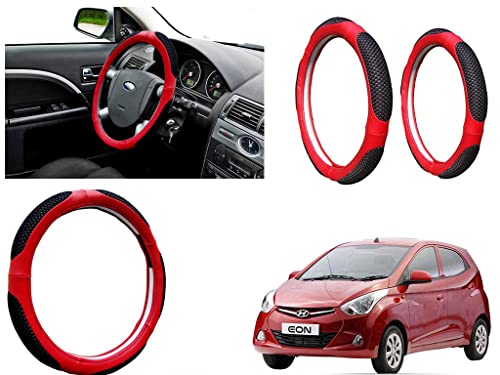 Image of Microfiber Car Steering Wheel Cover, Soft Padding Great Hand Feel, Anti-Slip, Faux Leather Steering Cover for Hyundai Eon | Black Red Jali - Pack of 1