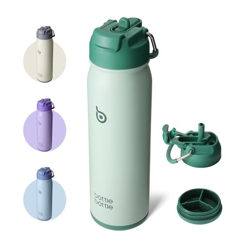 BOTTLE BOTTLE Insulated Water Bottle Stainless Steel 700ml（24oz） Bike Water Bottles with Straw and Adjustable Lid Daily Drink Flask Pill Organizer (green)