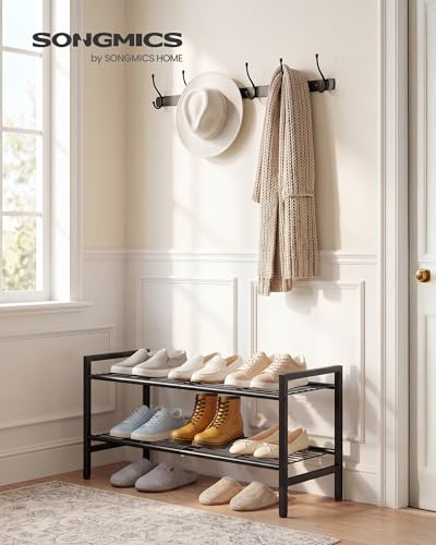 Image of SONGMICS Metal Shoe Rack, Free Standing Shoe Organizer for Entryway Closet Garage Small Spaces, Heavy-Duty Slim Steel Storage Shelf, 2-Tier, Fits 9-12 Pairs, Black ULMR042BP01