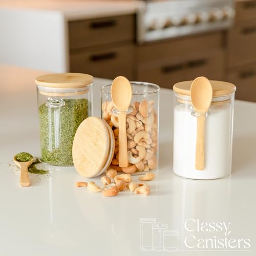 Set of 3 Airtight Glass Jars with Bamboo Lids & Bamboo Spoons, Overnight Oats Containers with Lids, 17-Oz Glass Canisters Hold Coffee Beans, Tea, Flour, Sugar, Nuts, Candy, Bath Salts & More