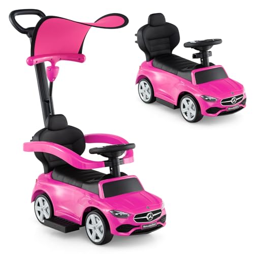 Image of Licensed Mercedes Benz Push Car for Toddlers by INFANS, 3 in 1 Sliding Walking Car with Push Handle, Horn, Music, Underneath Storage, Foot-to-Floor Ride on Toys for Boys Girls, Pink