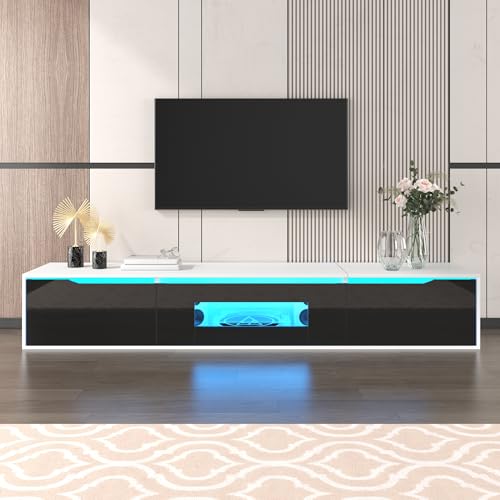 BTM Meuble TV Bas avec LED, Meuble TV Moderne avec 3 Cabinets, Couleur Réglable, Suspendu ou au Sol, Meuble Télé de Salon, 180 x30x30cm, Noir Brillant