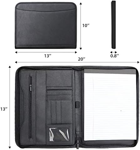 Leather Conference Folder A4 Padfolio Portfolio Zippered Writing Pad with Pockets and Card Holders for Resume Document and Notebook, 12.9 Inch (Black)