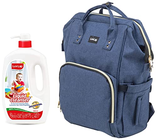 Image of LuvLap Liquid Cleanser, Anti-Bacterial, Food Grade, For Baby Bottles, Accessories and Vegetables, 1000ml & Lily Travel Multifunctional Waterproof Diaper Bag-Backpack Cum Tote bag (Navy Blue)