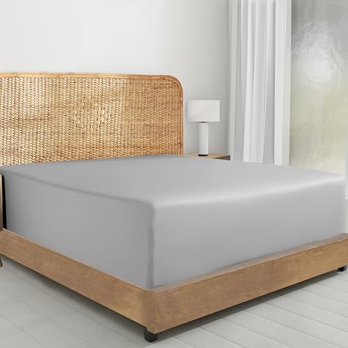 California Design Den 100% Organic Cotton Fitted Sheet Queen Size Only - Soft and Crisp Percale, Deep Pocket Queen Fitted Sheet, Lightweight and Snug-Fit, Durable - Light Grey