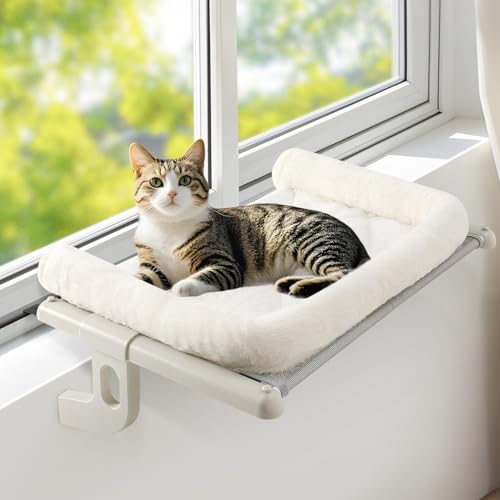 GUUSII HOME 猫ハンモック ねこベッド 掛け式猫ハンモック ねこハンモック 猫ベッド 窓際用 窓掛け式 ベッド 棚掛け ねこ はんもっく ねこソファ 猫窓パーチ 猫窓ハンモック 屋内用 頑丈 調節可能 耐久性 安定 猫用ベッド 省スペース 洗濯可能 大型猫 適用 (ホワイト, L)