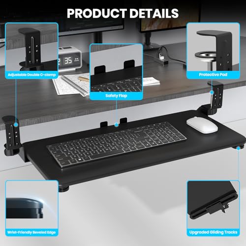 Xyndyx Keyboard Tray Under Desk, Pull Out Keyboard & Mouse Tray with Adjustable C-clamp, 25.6 x 11.8 Inch Slide Out Computer Keyboard Drawer Mouse Tray for Typing, Black