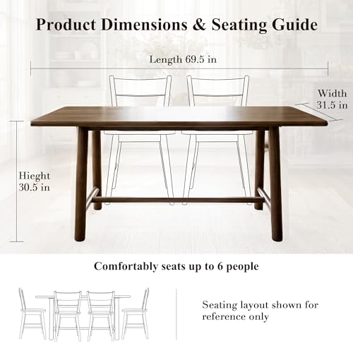 Image of Ya-Home Walnut Dining Table, 69 inch Wood Kitchen Table with Solid Wood Legs, Seats 4-6, Modern Farmhouse Dinner Table for Dining Room Home Office
