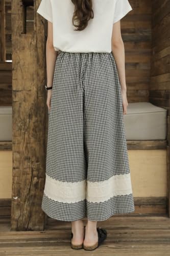chouyatou Women's Elastic Waist Plaid Pants Lace Embroidery Patch Wide Leg Capri Palazzo Pants Gingham Culottes3