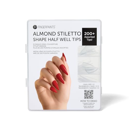 FingerPaints Almond Stiletto Shape Half Well Tips, Flexible, Quick to Apply & Easy to Blend, 200 Ct