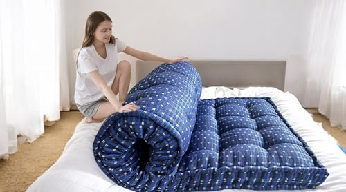 Image of Adim's Traditional Indian Premium Blue Gadda Box Mattress, 5 x 6 Feet | Medium Firm, Cotton Quilt, Handcrafted, Floor Bedding