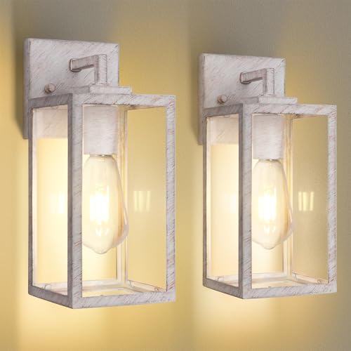 Image of Outdoor Wall Light Fixtures, Rustic Exterior Wall Sconces, 2-Pack, 12 In | Outside Light Fixtures with Tempered Glass for Porch, Garage, Patio, Anti-Rust White Hand-Brushed, Wood-Grain, Waterproof