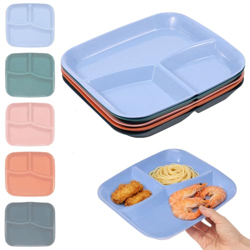 5 Pack Unbreakable Divided Plates for Adults, Reusable Plastic Food Separator Dinner Plates with 3 Compartments, Portion Control Divided Dinner Plate, Microwave and Dishwasher Safe