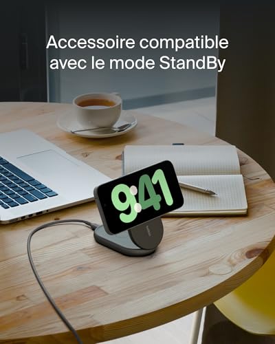 Belkin BoostCharge Socle de Recharge 2-en-1 aimanté et Pliable Qi2, 15W, Compatible MagSafe Chargeur sans Fil, Recharge Rapide, Apple iPhone 17, iPhone Air, Pixelsnap, Adaptateur Inclus - Noir