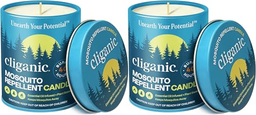 Cliganic Natural Mosquito Repellent Candle (9oz, Pack of 2) | Citronella, DEET Free, Essential Oil Infused for Outdoor, Camping | Burns 40 Hours