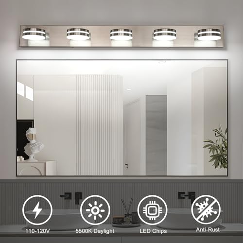 Brushed Nickel Bathroom Light Fixtures Over Mirror, 5-Light Bathroom Vanity Light, LED Dimmable Bath Lights, Modern Wall Mounted Lighting Fixture with Rotating Lamp Head by Bicrink - Image 6