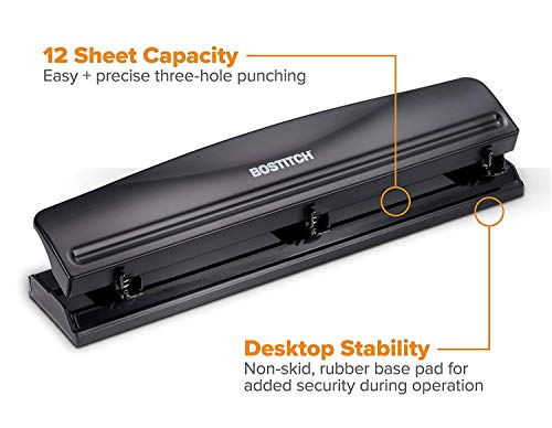 Image of Bostitch Office 3 Hole Punch, Durable Metal, Rubber Base, 12 Sheets, Black
