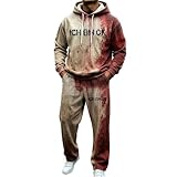 Generisch Halloween 2-Teiliges Herren Jogginganzug Halloweenanzug Teiliger Blut Text Print Afarbig Langarm Hoodie Mit Taschen Jogger Hose Street Style KostüM Zweiteiler Set Kordel Freizeitset