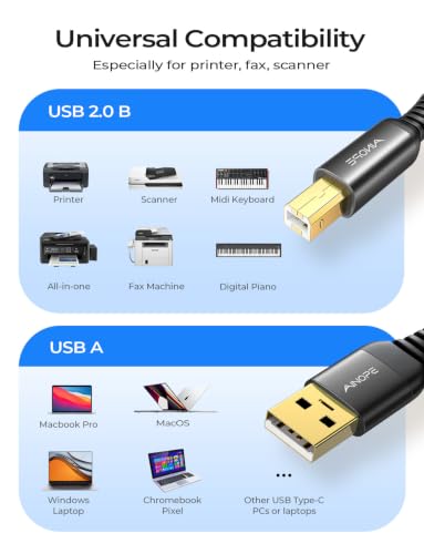 Image of AINOPE USB A to USB B Priner Cable 10FT USB 2.0 MIDI USB Cable | 480Mbps Nylon Braided USB A to B Printer Cord for HP, Canon, Samsung, Dell, Epson, Lexmark, Xerox and More