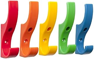 Toughook Unbreakable Durable Mini Plastic Safety Bag Hat & Coat Wall Mounted Hooks for Schools, Home and Work 5 Pack RAINBOW