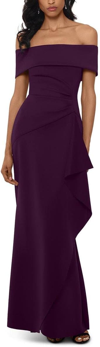 Xscape Long Scuba Off-The-Shoulder Dress Plum 12