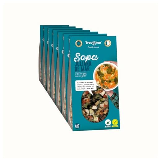 Sopa Juliana de Mar Trevijano: 7 bolsas de 100g cada una. Cada bolsa contiene 8 raciones de verduras: una mezcla de zanahoria, chirivía, puerro, alga wakame, cebolla, col, apio y perejil.