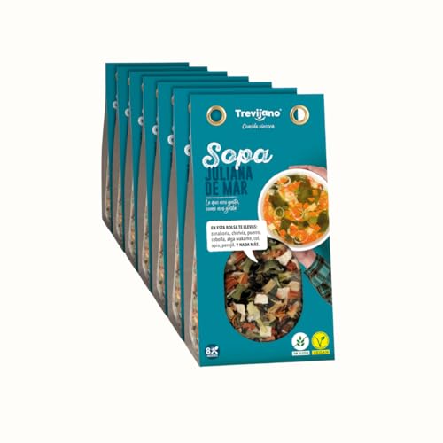 Sopa Juliana de Mar Trevijano: 7 bolsas de 100g cada una. Cada bolsa contiene 8 raciones de verduras: una mezcla de zanahoria, chirivía, puerro, alga wakame, cebolla, col, apio y perejil.