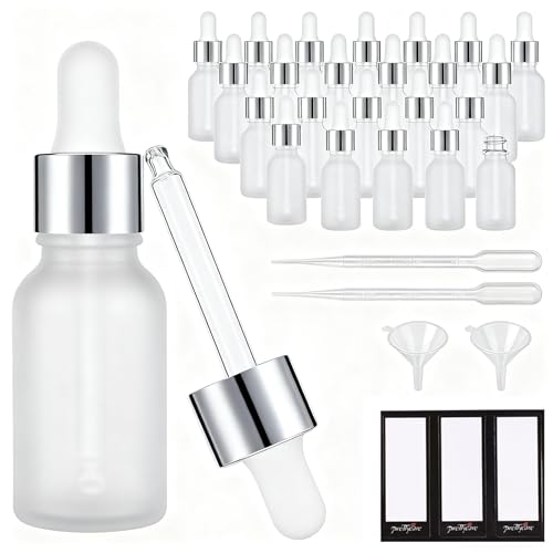 PrettyCare 24 pcs,Eye Dropper Bottle 0.5 oz( 15 ml Frosted Glass Bottles with Silver Caps, 2 Extra Measured Pipettes, 48 Labels, 2 Funnels Empty Tincture Bottles for Essential Oils