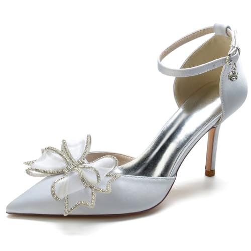 KYEGLO Sandalias De Tacón De Aguja para Mujer con Correa En El Tobillo, Zapatos De Satén con Punta Afilada para Bodas, Novias, Bailes De Fin De Curso Y Fiestas,Plata,38