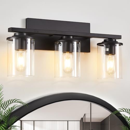 3 Light Bathroom Light Fixtures, Black Vanity Lights Over Mirror, Modern Bathroom Vanity Light with Clear Glass Shade and E26 Base, Matte Black Vanity Lights for Bathroom Black 3-Light